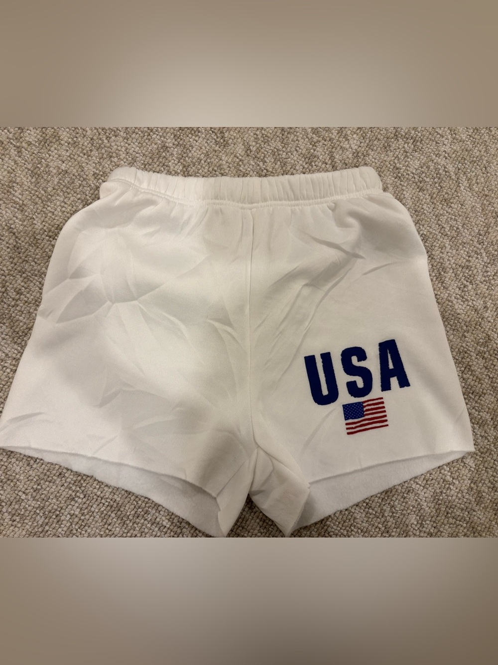 SHEIN White Athletic Shorts with Bold Blue USA Lettering